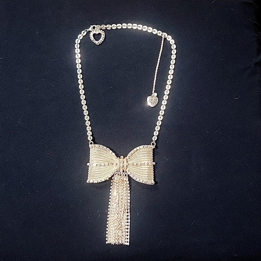 Betsey Johnson Rose Gold Big Bow Mesh Crystal Fringe Statement Necklace